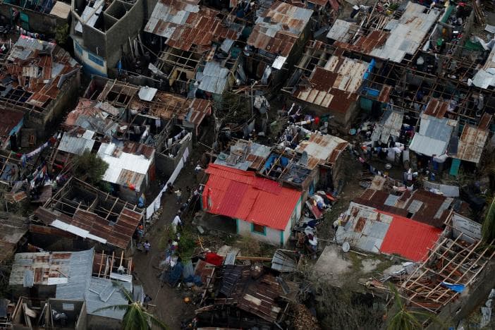 An aerial view of hard-hit Jeremie on the north coast of Haiti's southwestern peninsula. The eye of Matthew passed over the town of 40,000 damaging almost every home.