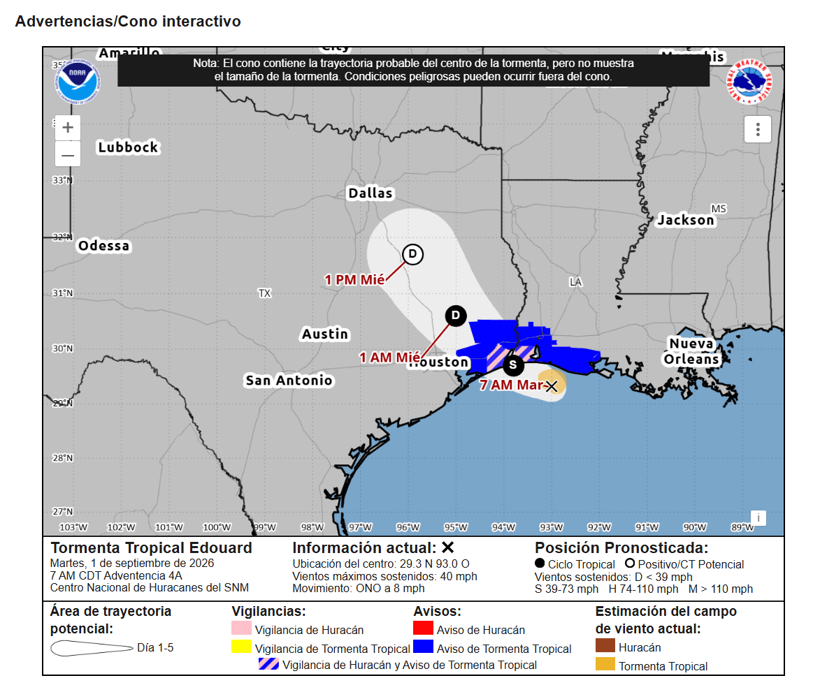Según la
<b>trayectoria</b> del cono interactivo del Centro Nacional de Huracanes de Estados Unidos (NHC), la tormenta tropical Edouard se encontraba a las 7:00 a. m. CDT del 1 de septiembre sobre el Golfo de México y podría acercarse a zonas de Texas y Luisiana.
<br>
<br>Durante el 1 de septiembre, el sistema podría afectar Beaumont, Houston y Lake Charles.
<br>
<br>Para la madrugada del 2 de septiembre, la trayectoria proyectada incluye The Woodlands, Huntsville, Lufkin, Bryan y Nacogdoches, mientras que hacia la 1:00 p. m. del 2 de septiembre podría avanzar hacia áreas como Corsicana y Tyler.
<br>