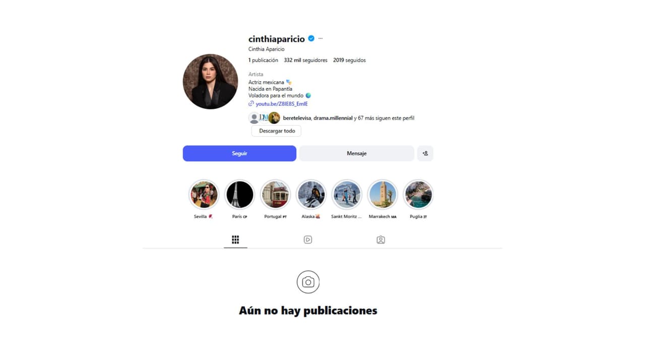 Así luce el perfil de Instagram de Cinthia Aparicio.