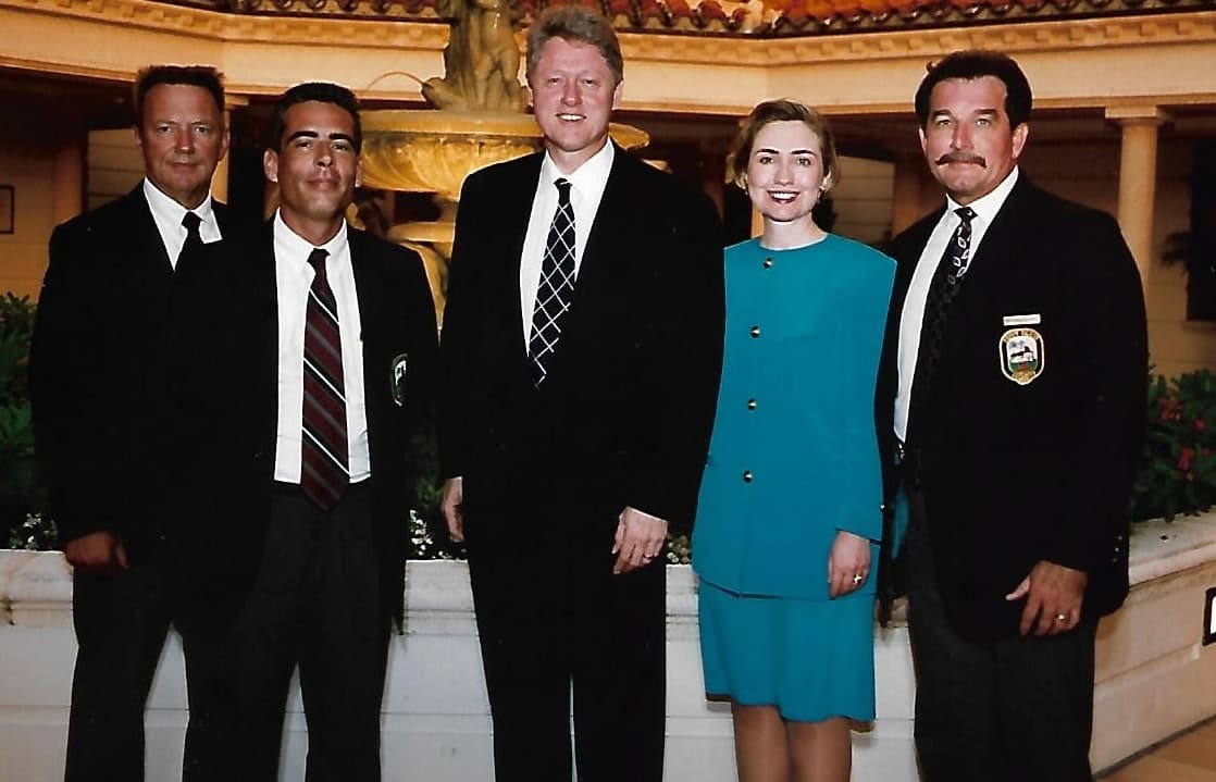 Jose Cervera (second from the left) with President Bill Clinton and the First Lady, Hillary Clinton, during a visit to Fisher Island during the Summit of the Americas in 1994.