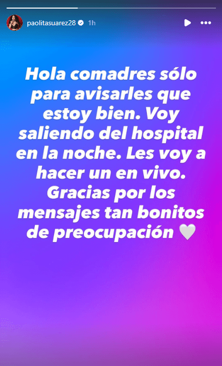 Paola Suárez compartió este mensaje tras su accidente.
