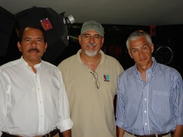Daniel Ortega (l) with Univision cameraman Jorge Soliño (c) and Univision anchor Jorge Ramos (r) after an interview in Managua during the 2006 elections.