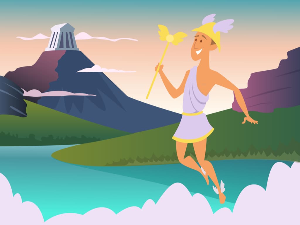 En la mitología romana Mercurio (Hermes para los griegos) es el mensajero de los dioses, ágil y astuto dios de los comerciantes, gracias a su habilidad en hablar y negociar, y de los ladrones, ya que le divierte engañar a los demás.