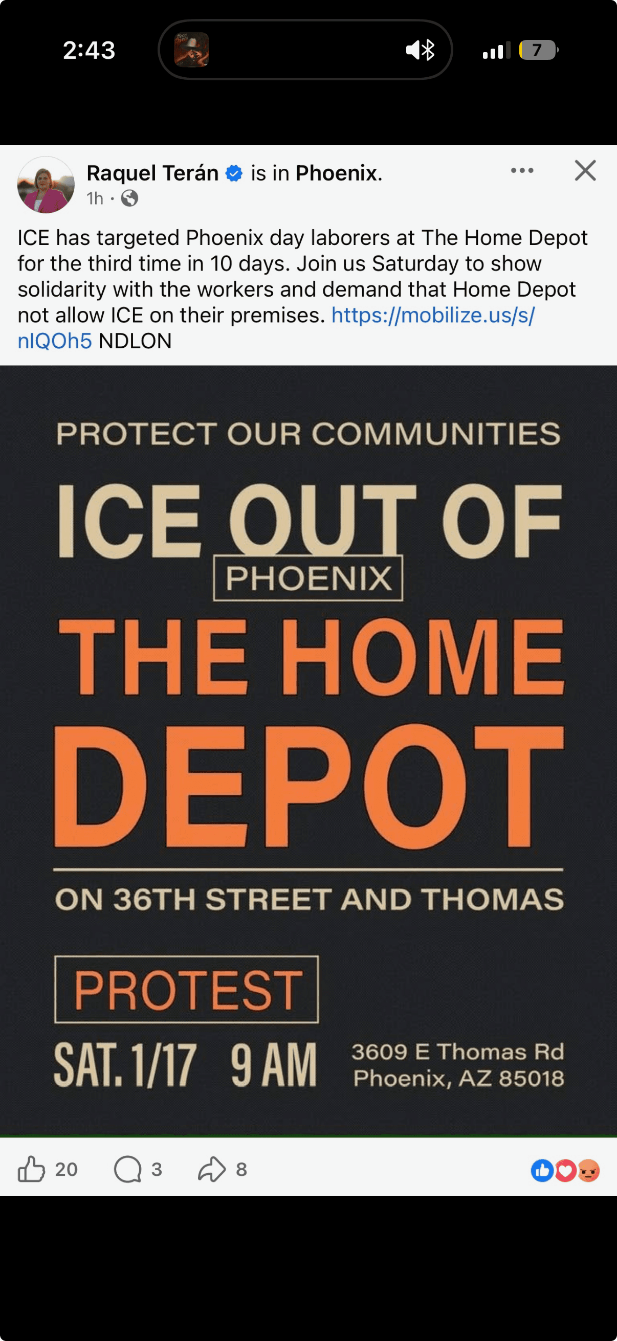 “Únete a nosotros el sábado para mostrar
<b> solidaridad con los trabajadores y exigir que Home Depot no permita a ICE en sus instalaciones</b>”, manifestó Terán en Facebook, en una imagen que invitaba a sumarse.