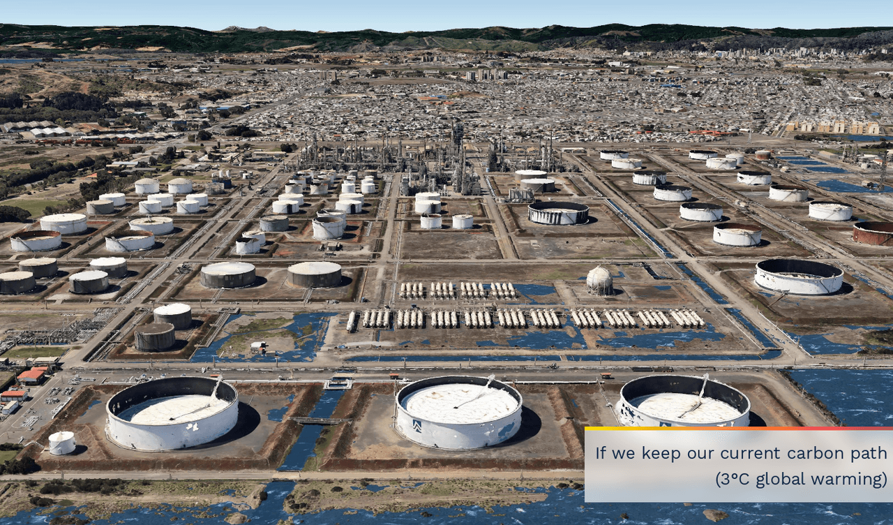 <b>Chile</b>. El
<a href="https://www.univision.com/noticias/medio-ambiente/hielo-zombie-groenlandia-consecuencias">aumento del nivel del mar</a> amenaza a poblaciones, al turismo, al patrimonio y también a las empresas. Así se vería una biorefinería en Hualpén.