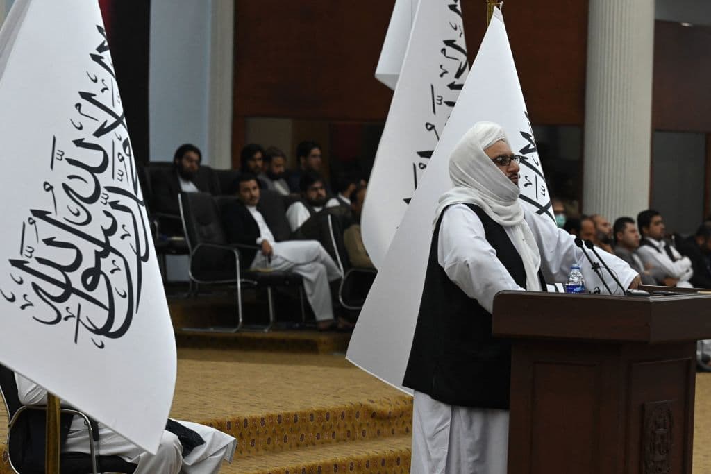 Talibans acting Higher Education Minister Abdul Baqi Haqqani speaks during a consultative meeting on Taliban's general higher education policies at the Loya Jirga Hall in Kabul on August 29, 2021.