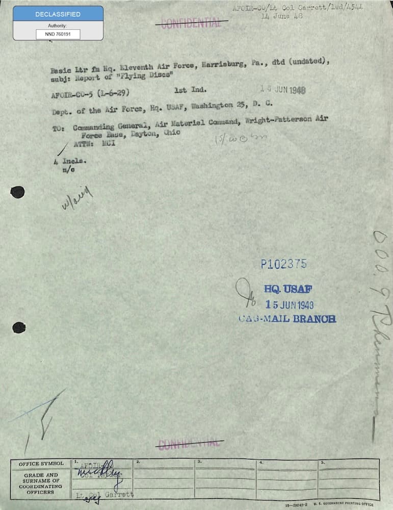 Este archivo del Departamento de Guerra de Estados Unidos contiene memorandos, correspondencia y formularios relacionados con la notificación de información sobre discos voladores y las investigaciones de avistamientos.