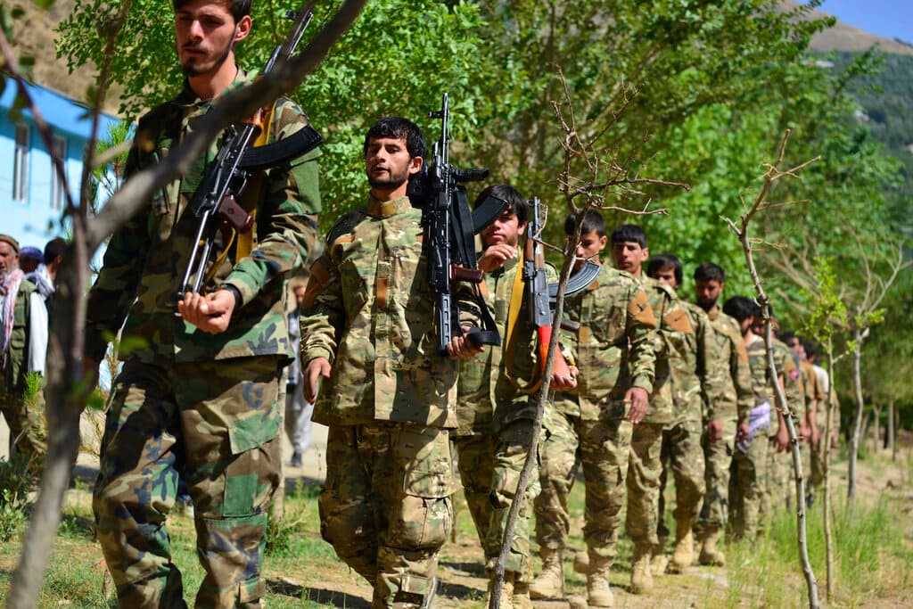 Militiamen loyal to Ahmad Massoud, son of the late Ahmad Shah Massoud, take part in a training exercise, in Panjshir province, northeastern Afghanistan, Sunday, Aug. 29, 2021. The Panjshir Valley is the last region not under Taliban control following their stunning blitz across Afghanistan.