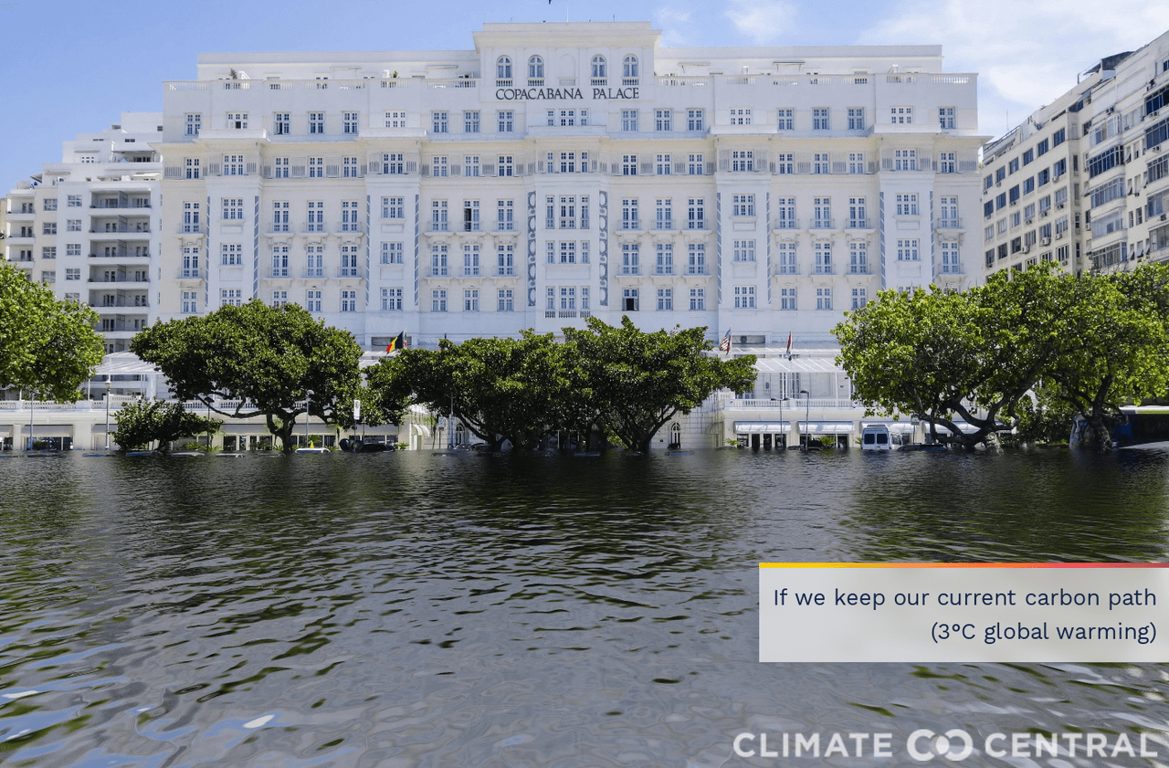 <b>Brasil</b>. El país alberga numerosos espacios amenazados por las inundaciones del cambio climático. Entre ellos, la zona del conocido hotel Copacabana Palace.
