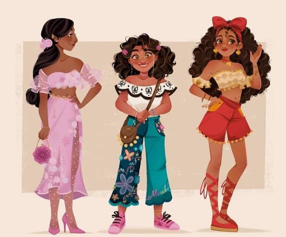 De hecho, la ilustradora rusa igual decidió transformar a los personajes de ‘Encanto’ con un toque más moderno haciendo que
<b>Isabella</b>,
<b>Maribel </b>y
<b>Dolores</b> se vistieran a la última moda.