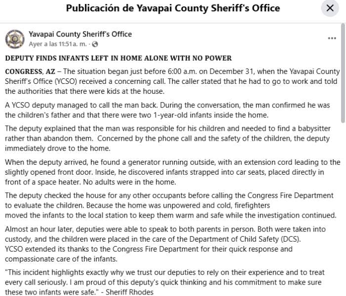 La Oficina del Sheriff del Condado Yavapai informó sobre los hechos que condujeron al hallazgo de los menores y a los dos arrestos.