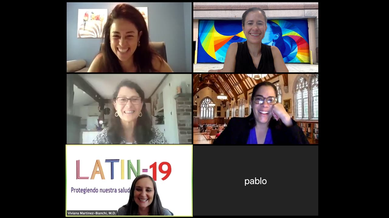 “
<i>Las doctoras” of LATIN-19 and other medical professionals meet weekly with N.C. community members to discuss challenges and solutions to public health disparities. From left to right) nurse and professor Rosa Gonzalez-Guarda, pediatrician Gabriela Maradiaga-Panayotti, nursing professor Irene Felsman, endocrinologist Leonor Corsino, family physician Viviana Martínez-Bianchi. In attendance: Pablo Friedmann, multilingual resource coordinator for Durham Public Schools.</i>