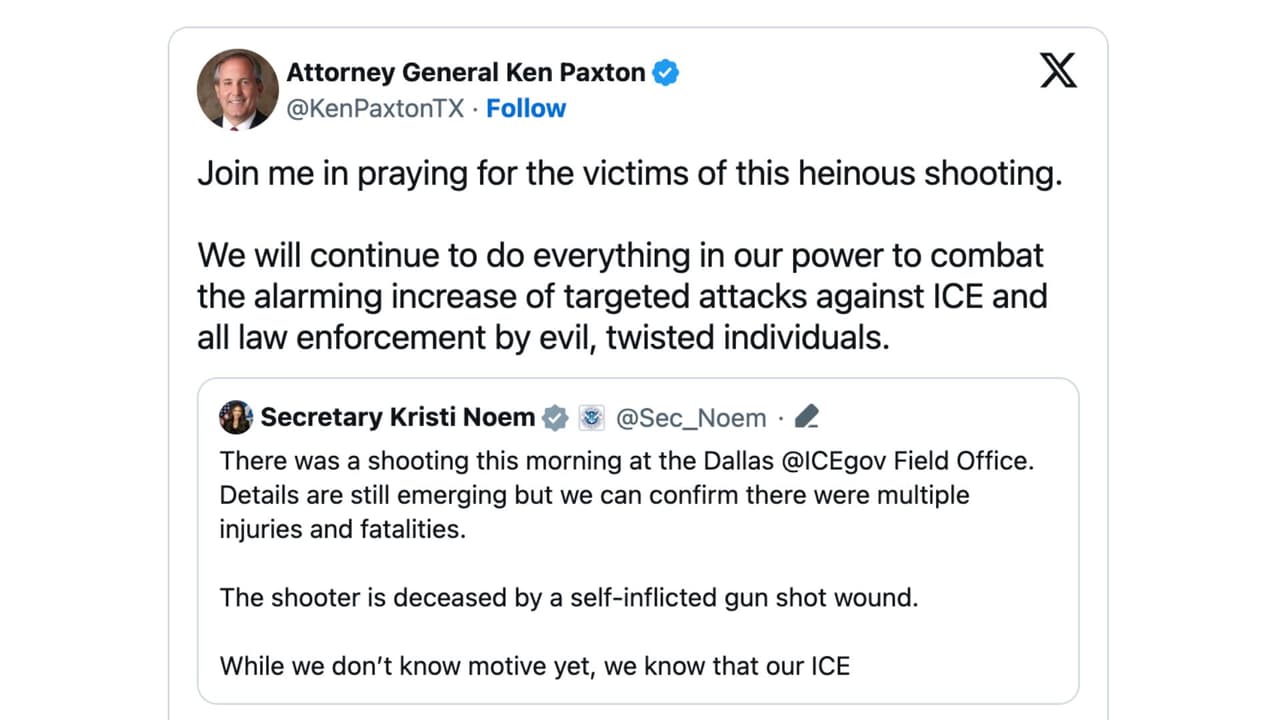 El fiscal general de Texas, Ken Paxton, también comentó el mensaje de Noem en X.
<br>Su mensaje fue: "
<b>Únase a mí en orar por las víctimas de este feroz tiroteo</b>. Continuaremos haciendo todo lo que esté en nuestro poder para combatir el alarmante aumento de ataques dirigidos contra ICE y todas las fuerzas del orden por parte de individuos malvados y retorcidos".