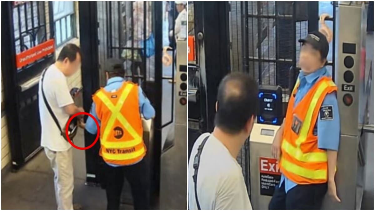 Las imágenes revisadas por la MTA muestran que el pasajero cruzó el acceso sin usar MetroCard ni lector OMNY personal.