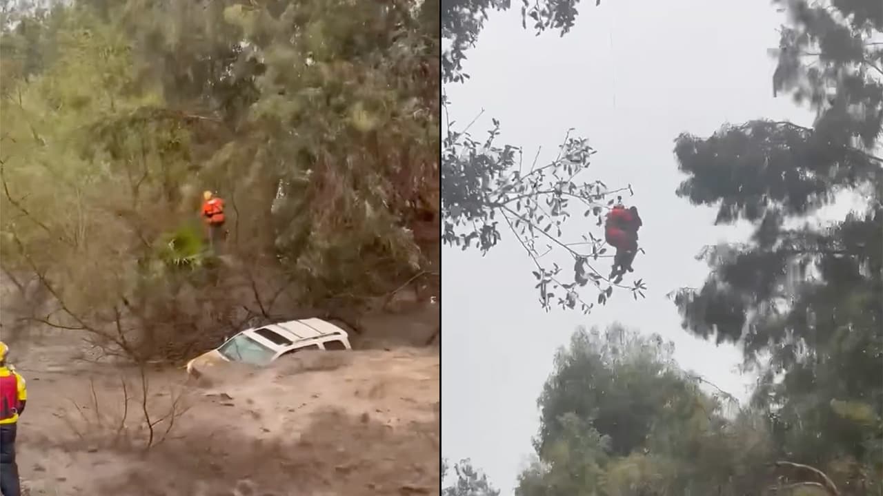 Rescatan a conductor en San Juan Capistrano después de que su auto fuera arrastrado por la corriente