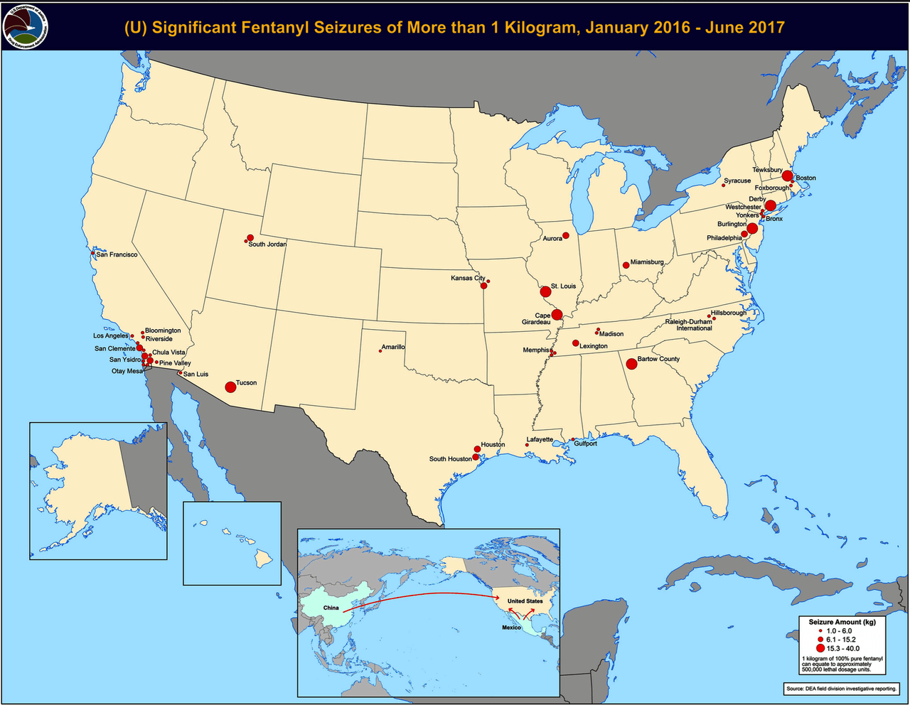 Los decomisos más significativos de fentanilo mayores de un kilo realizados entre enero de 2016 y junio de 2017.