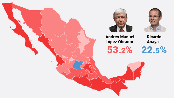 Este mapa muestra el triunfo arrollador de Andrés Manuel López Obrador en México