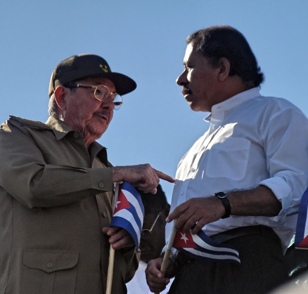 Raúl Castro, brother of the president of Cuba, Fidel Castro, along with Daniel Ortega weeks after being elected again president of Nicaragua in 2006, during a military parade in the Plaza de la Revolución in Havana.