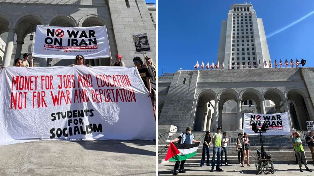 Protestan en Los Ángeles contra ataque de Trump a Irán: "No guerra, dinero para educación"