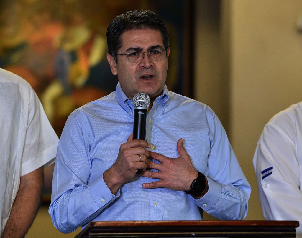 Honduran President Juan Orlando Hernandez delivers a press conference at the presidential palace in Tegucigalpa, on October 18, 2019 aftre the conviction of his brother in New York on drug trafficking charges.