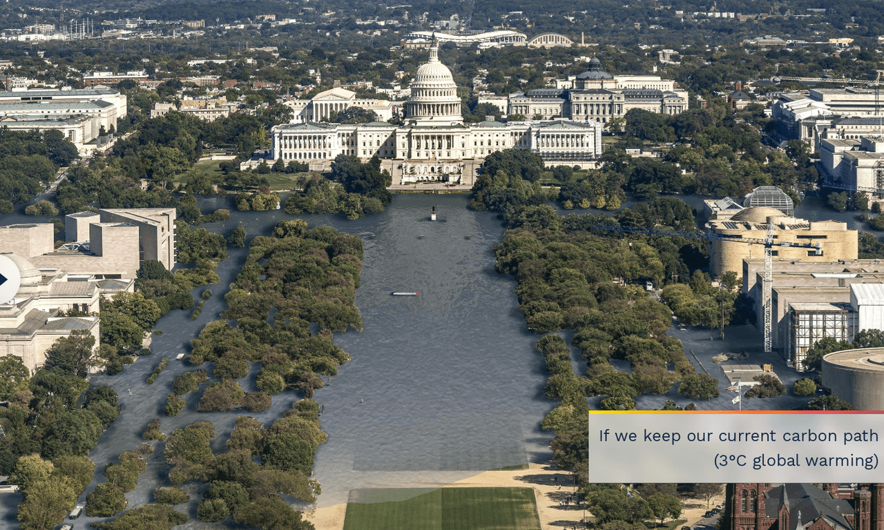 <b>Washington DC. </b>La explanada del National Mall, que comunica el Capitolio y la Casa Blanca, podría lucir así, anegada, de mantenerse las actuales emisiones de gases invernadero, que
<a href="https://www.univision.com/noticias/medio-ambiente/informe-onu-cambio-climatico">aumentan la temperatura</a> y provocan el consiguiente incremento del nivel del mar. Las imagenes elaboradas por la organización Climate Project son una estimación de lo que podría ocurrir si durante este siglo no se reducen las emisiones:
<b>200 millones de personas quizás no puedan seguir viviendo donde lo hacen ahora en 2100.</b>