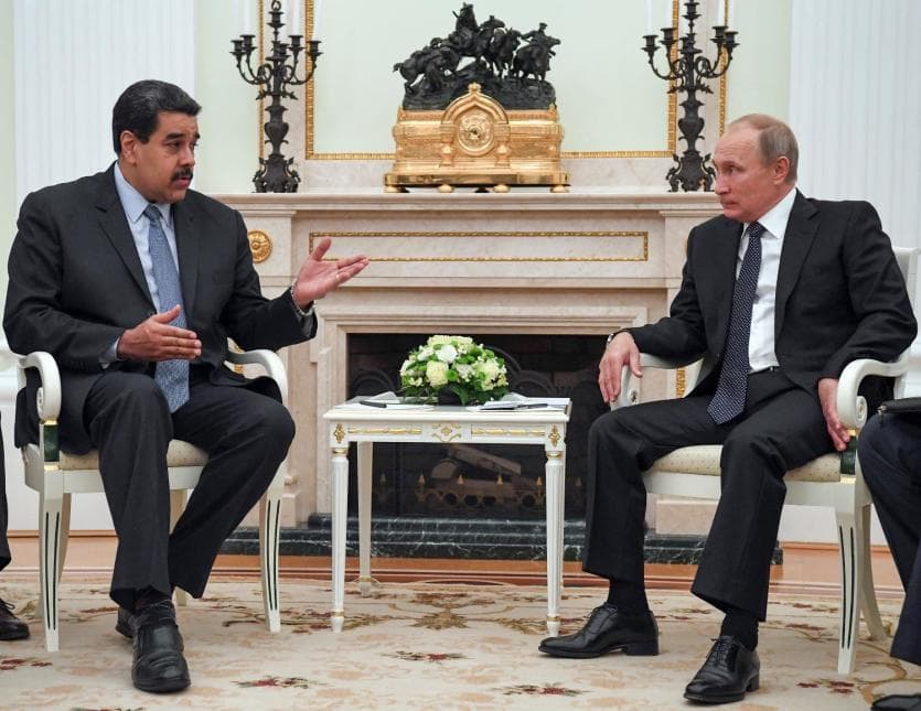 Venezuelan President Nicolás Maduro, left, speaks with his Russian counterpart Vladimir Putin during a meeting in the Kremlin, in Moscow, Russia, on October 4, 2017.