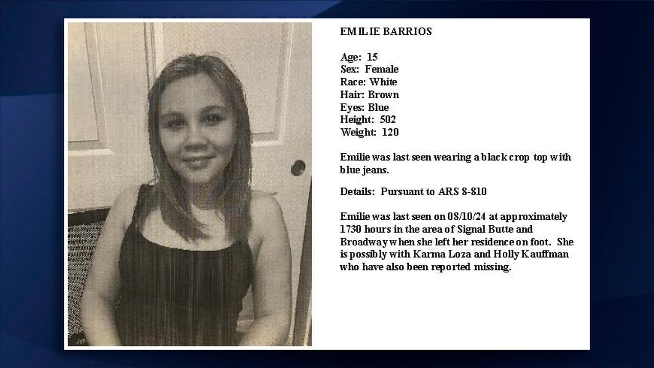 <b>Emilie Barrios</b>
<br>Tiene 15 años, con cabello castaño y ojos azules. Mide 5'02" y pesa 120 libras. Fue vista por última vez con una camisa negra y jeans. Se cree que las tres menores viajan juntas.