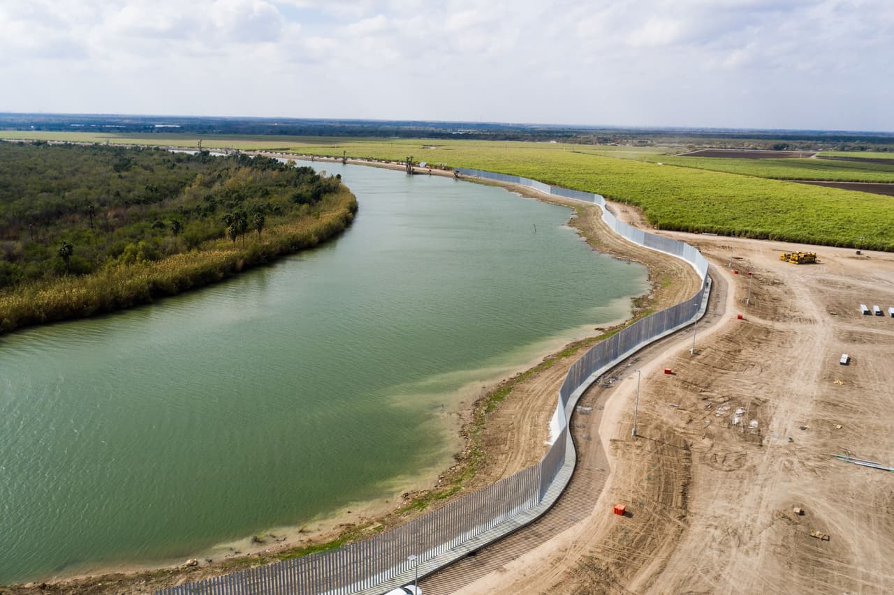 An aerial view of Fisher's border wall in Texas.