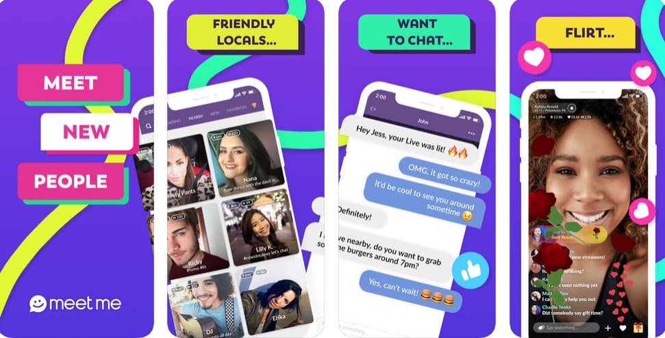 MeetMe: es una aplicación de citas que anima a los usuarios a reunirse en persona. La aplicación utiliza la ubicación geográfica del usuario para permitirles conectarse con personas cercanas.
<br>
