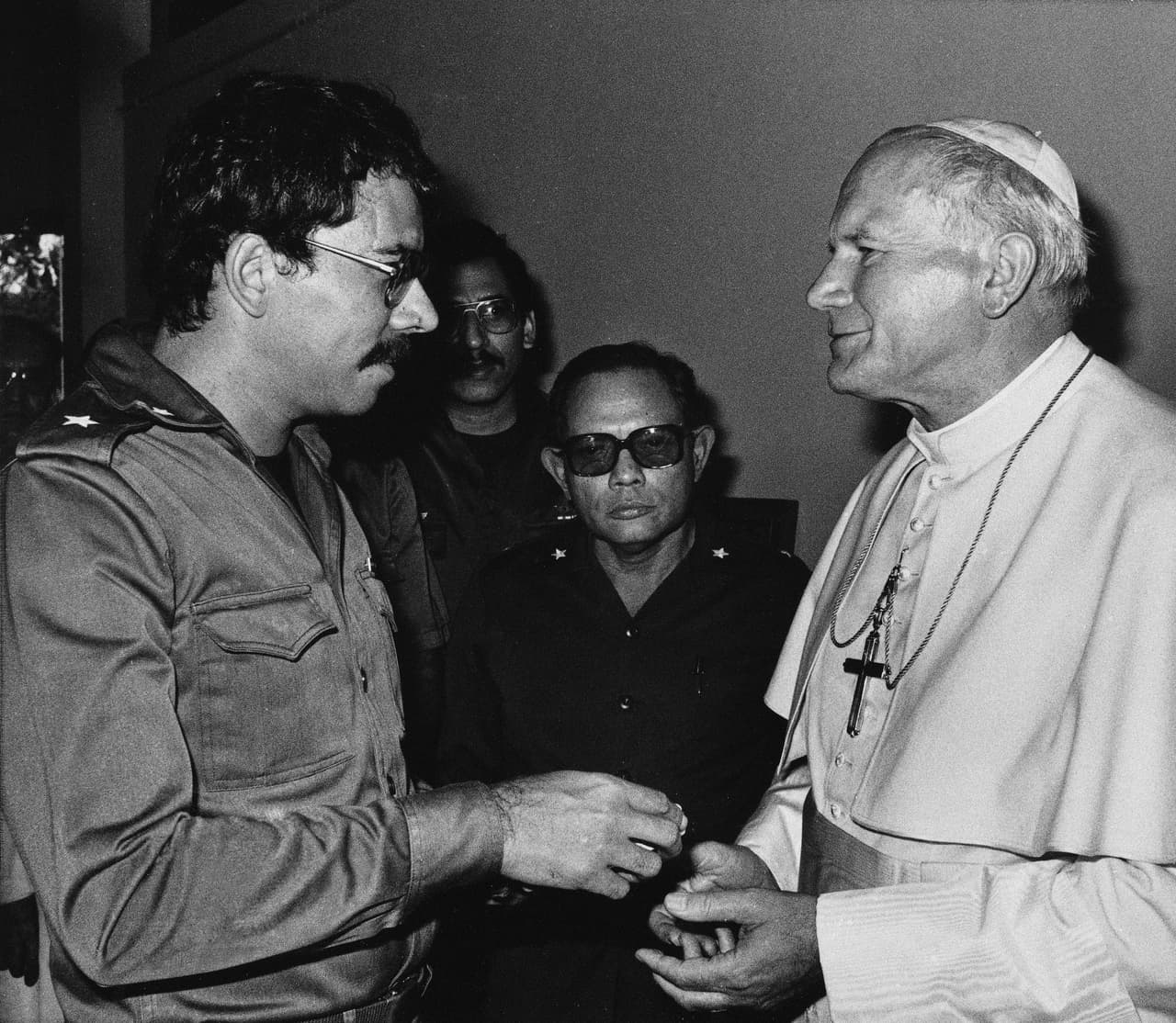 Daniel Ortega receives Pope John Paul II in Managua, March 4, 1983. The Pope spoke out against "godless communism" and defended the country's conservative archbishop Miguel Obando y Bravo against five Nicaraguan leftwing priests who held government positions.