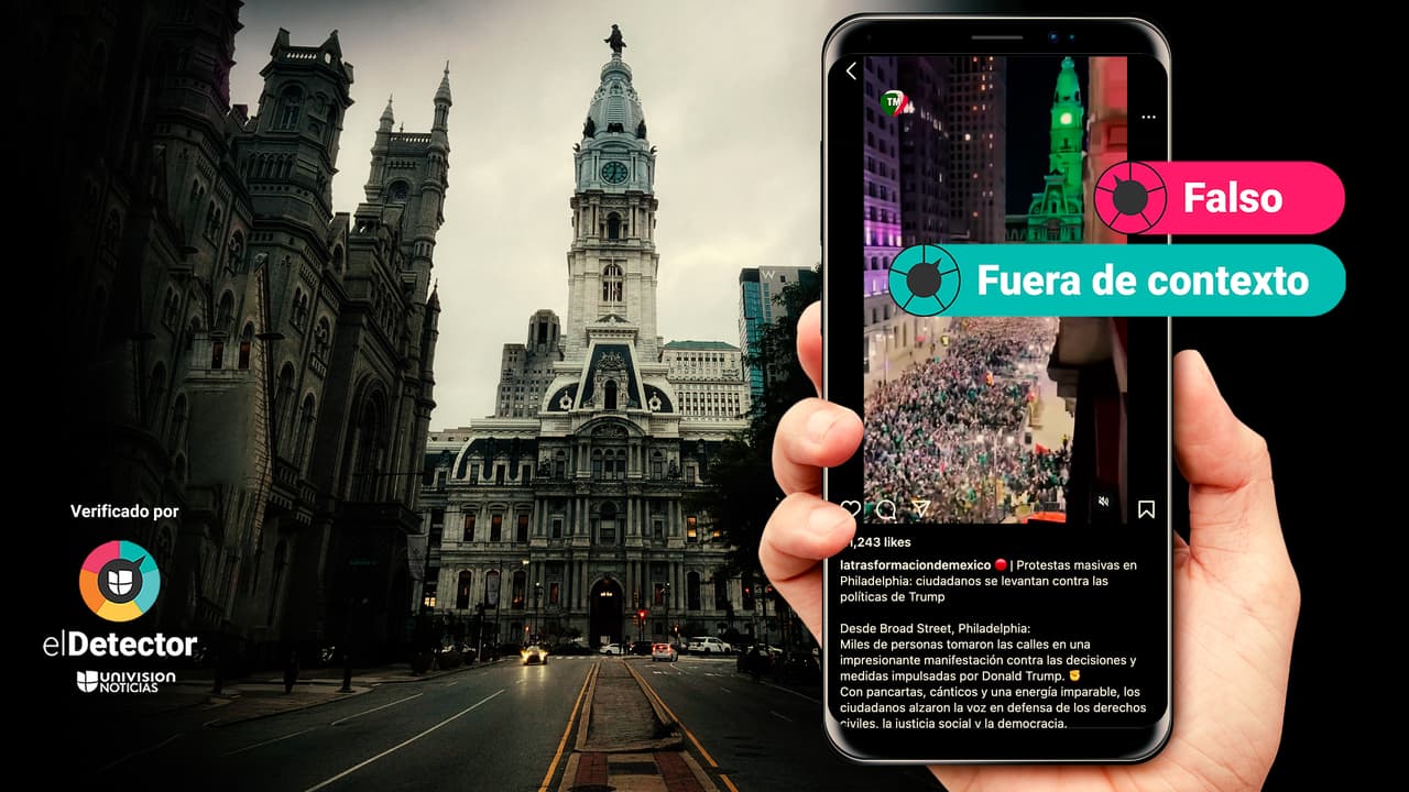 Es falso que ese video con gente en las calles y un edificio iluminado de verde muestre las protestas contra Trump en Filadelfia: ni es actual, ni es político