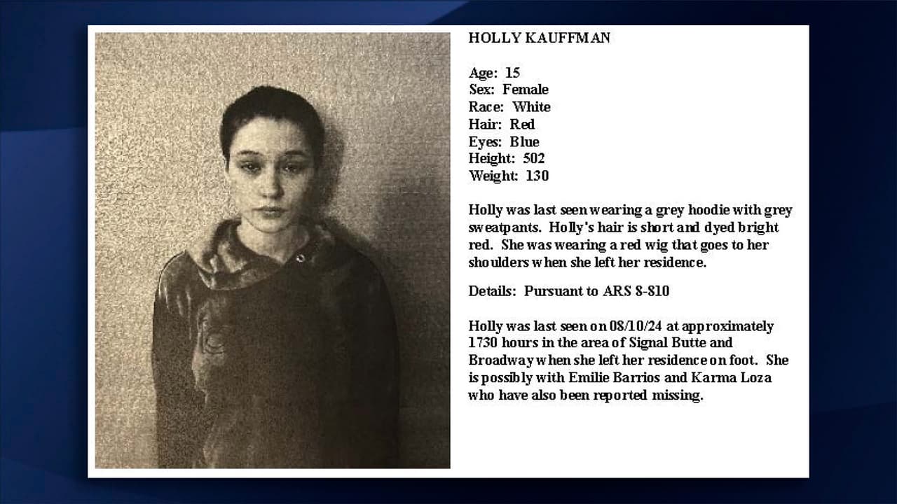 <b>Holly Kauffman</b>
<br>Es una joven de 15 años con cabello rojo y ojos azules. Mide 5'02" y pesa 130 libras. La última vez que se la vio llevaba una sudadera con capucha gris y pantalones deportivos grises. Holly llevaba una peluca roja cuando salió de su residencia.